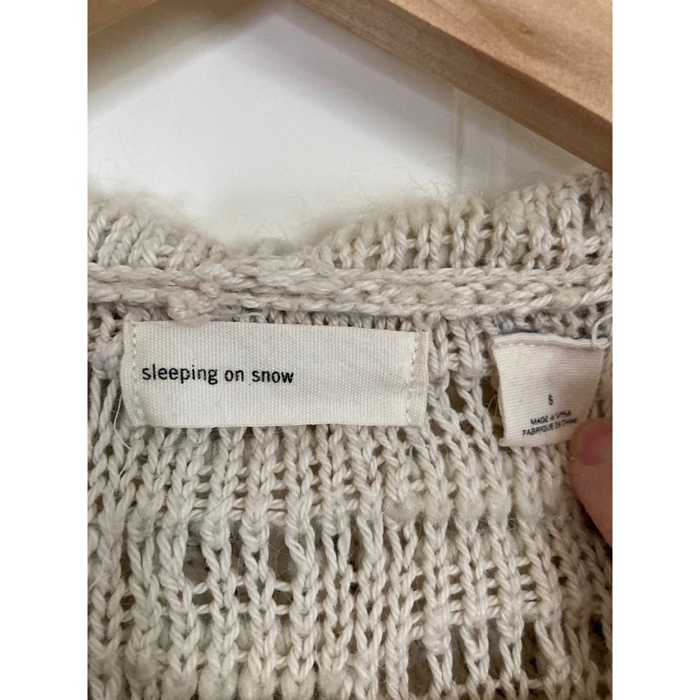 Anthropologie Sleeping on Snow Cream Pointelle Knit Hooded Open Cardigan Small - Picture 2 of 10